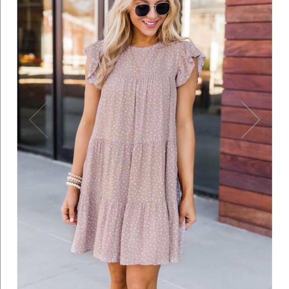 📣 Moving Sale!! New Pink Lily Dotted Taupe Dress - Medium - Picture 3 of 9